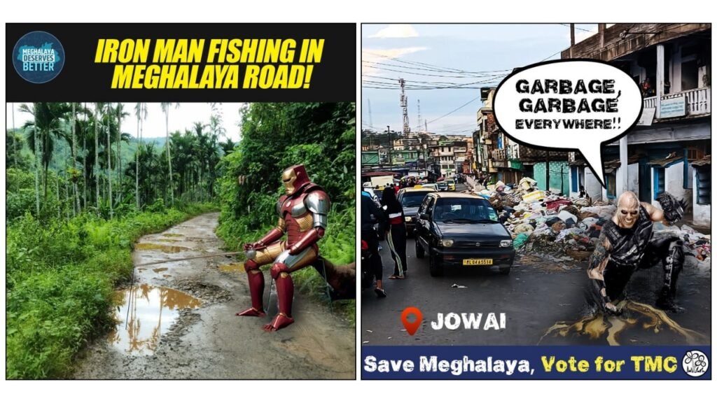 Satire meme by Rafiq featuring Iron Man on poor road conditions in Meghalaya I-PAC campaign.