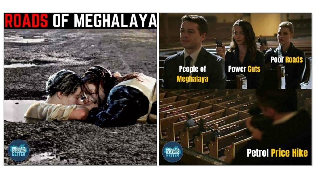 Creative meme by Rafiq highlighting social problems in Meghalaya for I-PAC's TMC campaign.