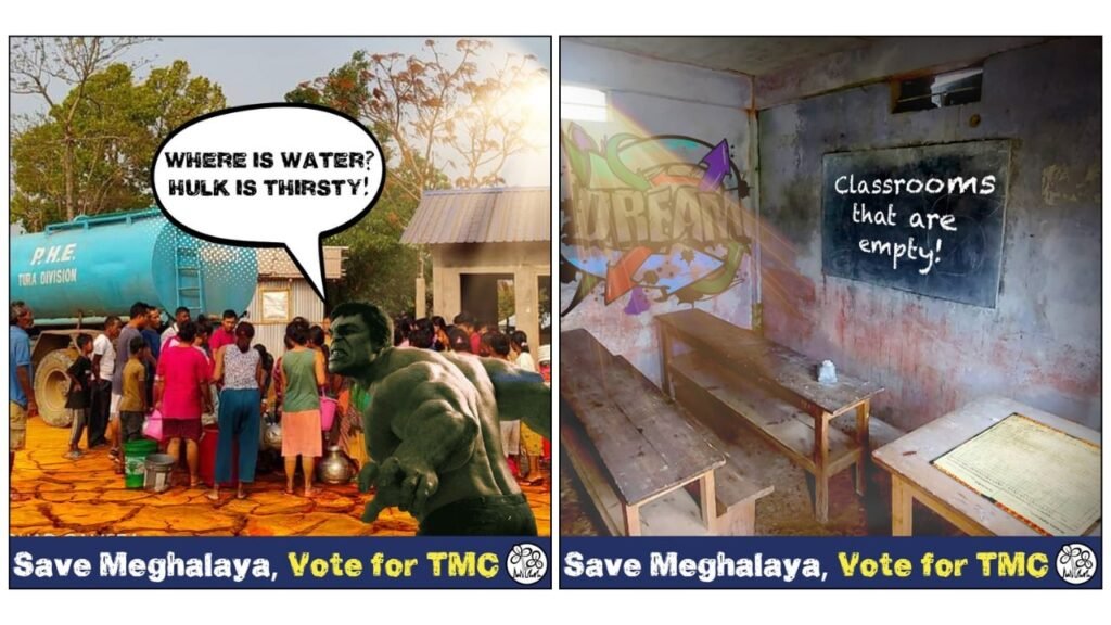 Satirical meme by social media expert Rafiq on water crisis in Meghalaya for I-PAC campaign.